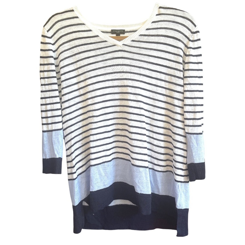 Talbots Linen V Neck Striped Blue White Sweater‎ Petite L